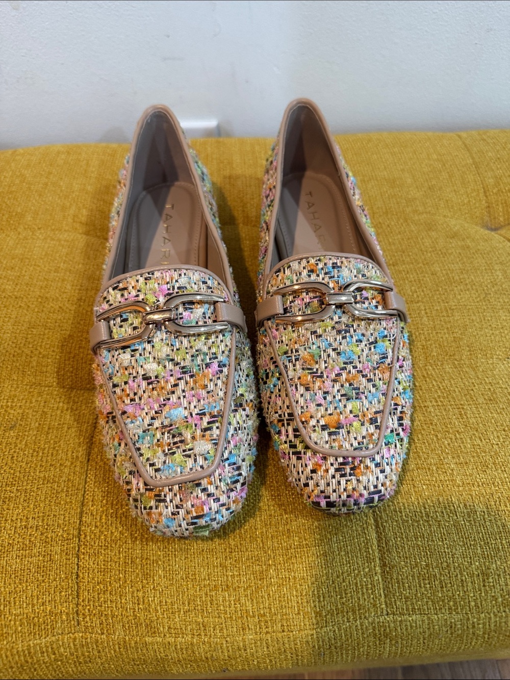 Tahari Multicolor Tweed Loafers with Taupe Trim and Chain Accent